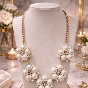 Gold and Pearl Flower Cluster Necklace with Rhinestones
